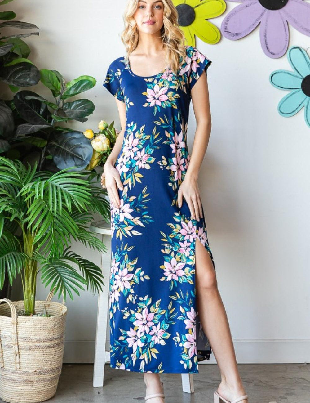 Navy Multi Heimish Full Size Floral Short Sleeve Slit Dress | Daverri Fashions