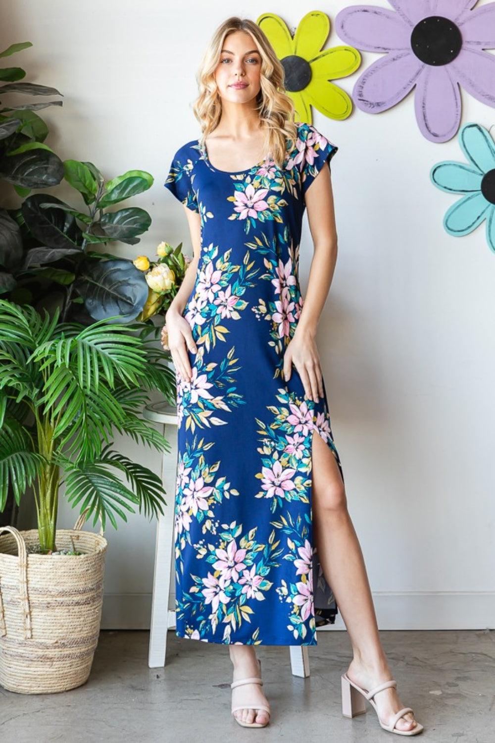 Navy Multi Heimish Full Size Floral Short Sleeve Slit Dress | Daverri Fashions
