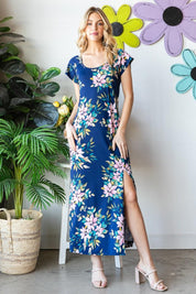 Navy Multi Heimish Full Size Floral Short Sleeve Slit Dress | Daverri Fashions