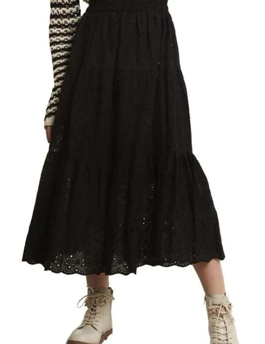 Black S ADORA Elastic Waistband Tiered Midi Skirt | Skirts Daverri Fashions