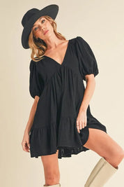 BLACK Aemi+Co Tied Back Ruffled Short Sleeve Mini Dress | Daverri Fashions
