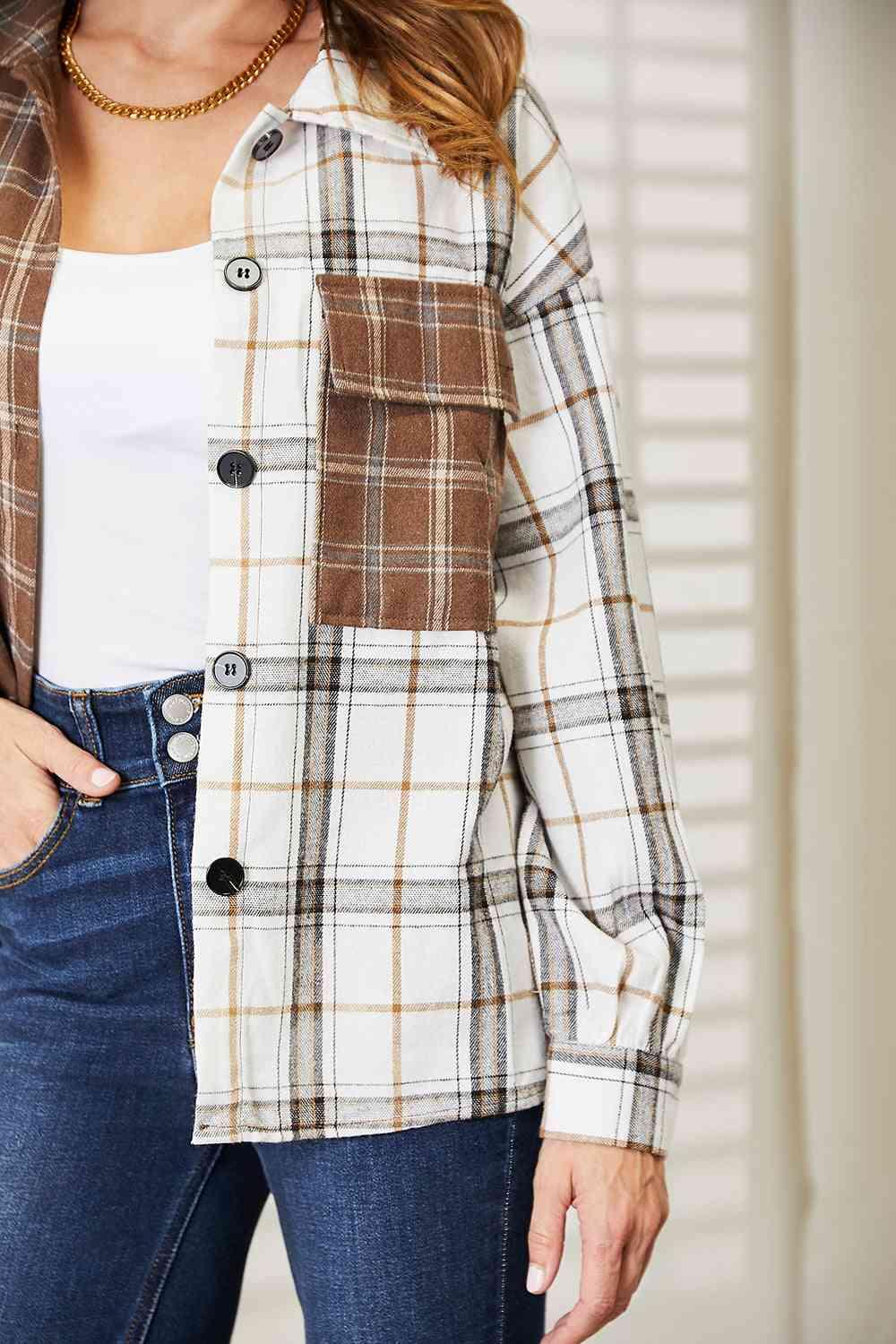Double Take Plaid Contrast Button Up Shirt Jacket | Shackets Daverri Fashions