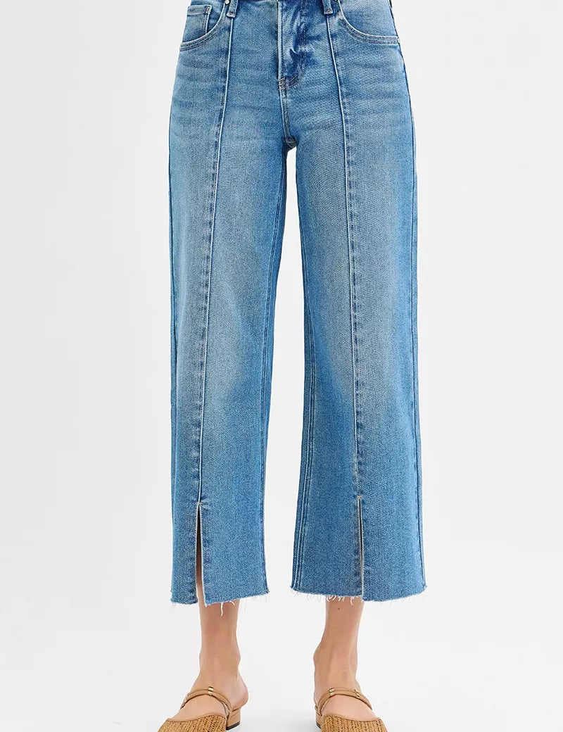 RISEN Tummy Control Mid Rise Crop Wide Front Slit Jeans | Jeans Daverri Fashions