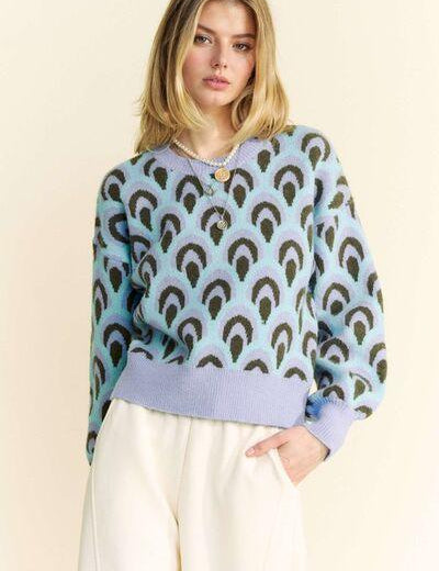 Pastel Blue L Davi & Dani Scale Jacquard Round Neck Drop Shoulder Sweater | Sweaters Daverri Fashions