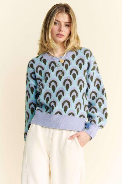 Pastel Blue L Davi & Dani Scale Jacquard Round Neck Drop Shoulder Sweater | Sweaters Daverri Fashions