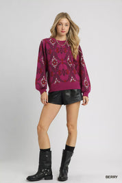 Umgee Boho Patterned Long Sleeve Sweater | Sweaters Daverri Fashions