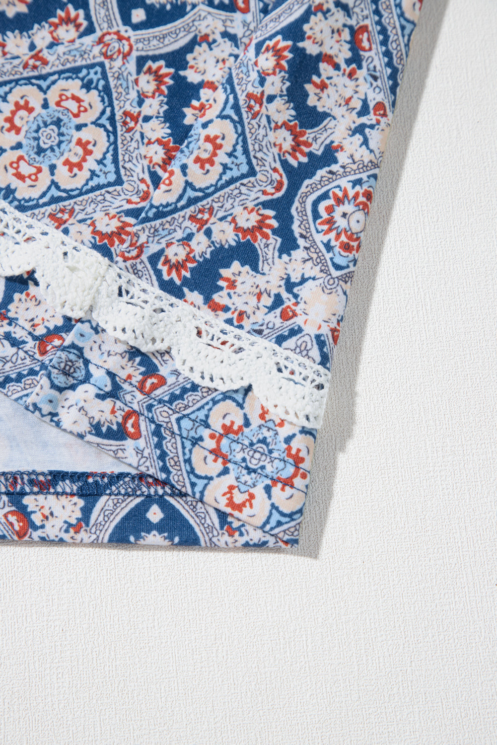 Blue Geometric Printed Lace Patchwork Ric Rac Raglan Long Sleeve Top | Tops/Long Sleeve Tops Daverri Fashions