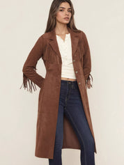 Brown Fringe Lapel Collar Long Sleeve Coat | Daverri Fashions