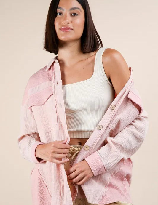 Blush VERY J Mineral Washed Oversized Gauze Shacket | Shackets Daverri Fashions