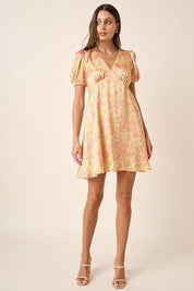 Mittoshop Printed V-Neck Puff Sleeve Mini Dress | Mini Dresses Daverri Fashions