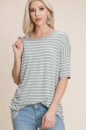 BOMBOM Striped Round Neck T-Shirt | Daverri Fashions
