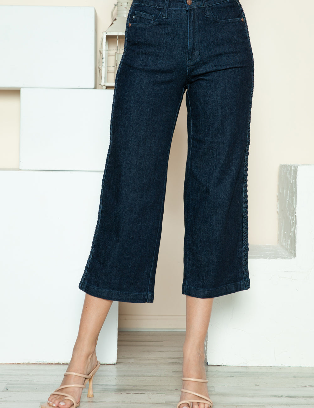 Dark Judy Blue Full Size Side Seam Braid Detail Crop Wide Leg Jeans | Jeans Daverri Fashions