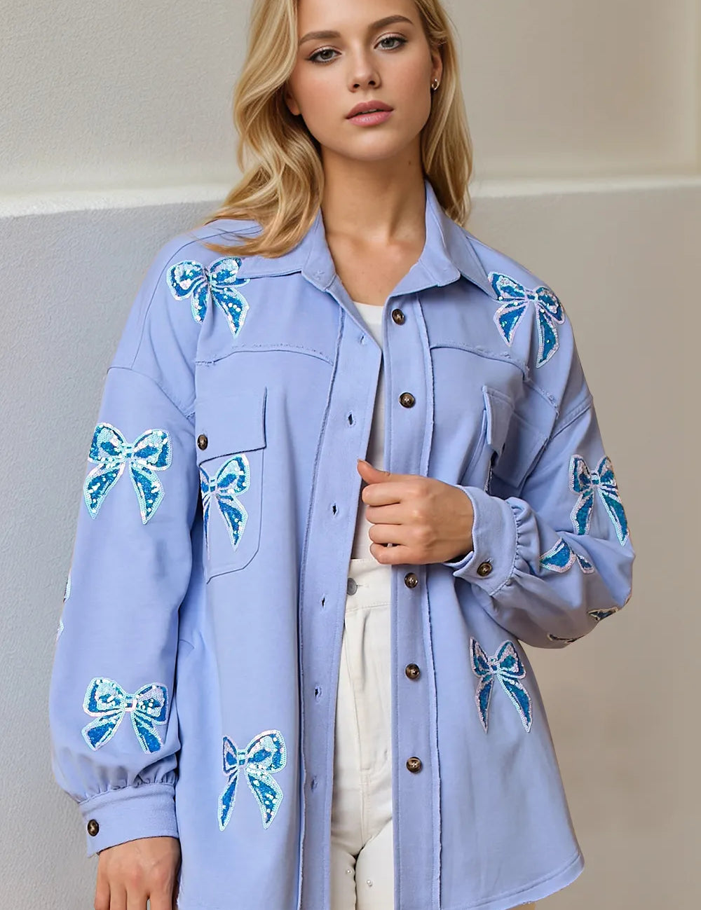 Light Blue Double Take Full Size Sequin Bow Button Up Shacket | Shackets Daverri Fashions