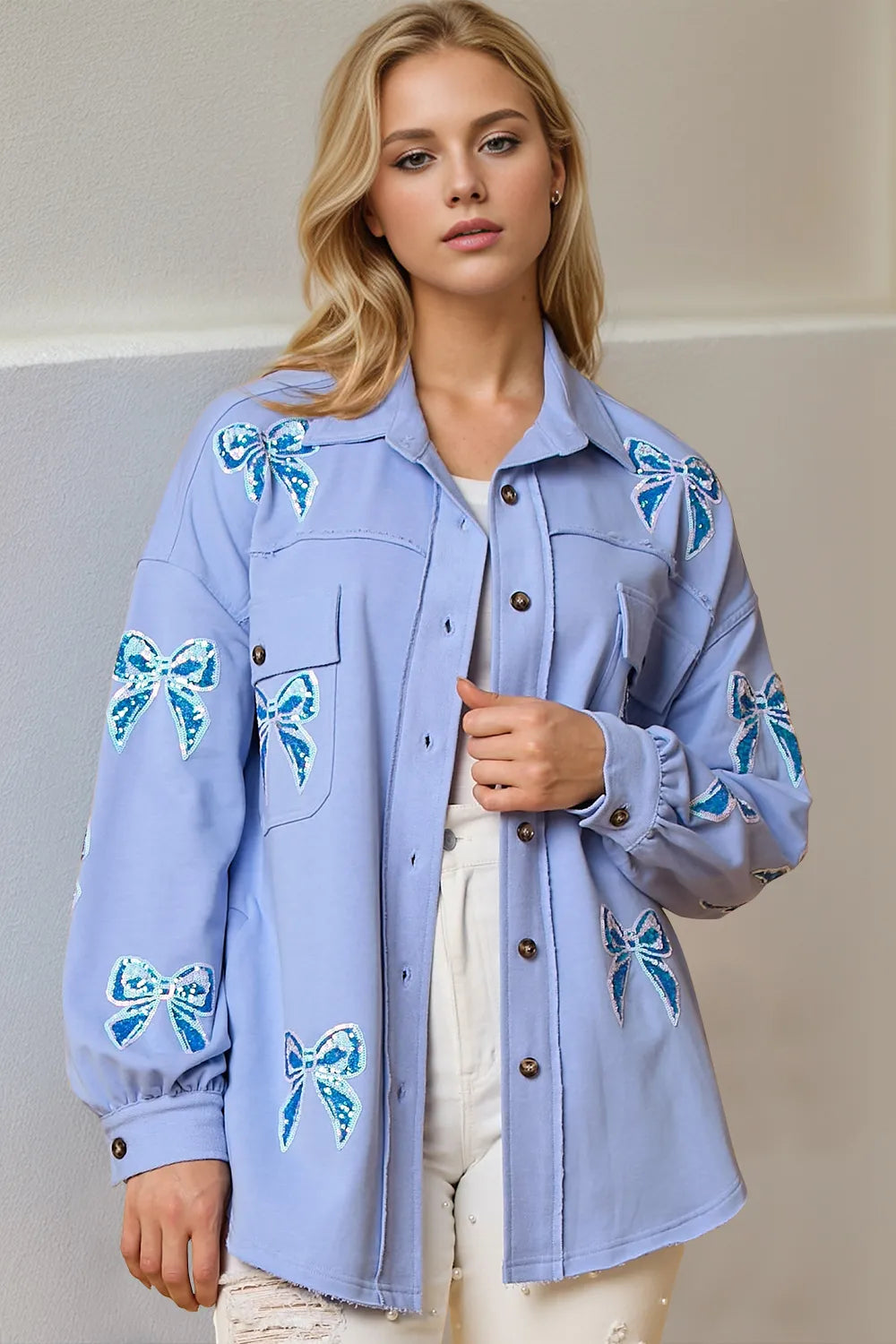 Light Blue Double Take Full Size Sequin Bow Button Up Shacket | Shackets Daverri Fashions