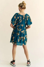 Davi & Dani Floral Print Short Bell Sleeve Pleated Mini Dress | Mini Dresses Daverri Fashions