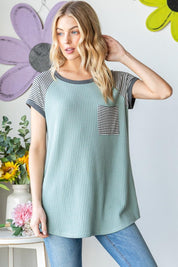 Sage Heimish Full Size Striped Short Sleeve Waffle T-Shirt | Daverri Fashions