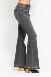 Judy Blue Full Size Mid Rise Tummy Control Washed Gray Release Hem Flare Jeans Plus Size | Daverri Fashions