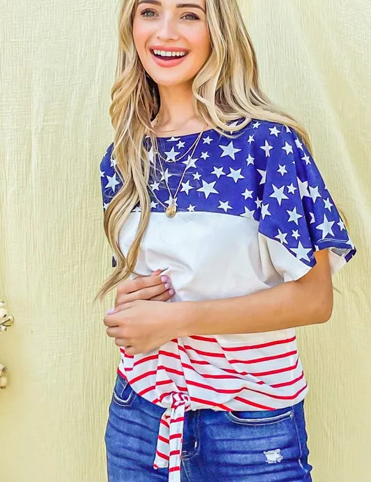 RED NAVY And The Why American Flag Print Tie Knot Front Casual Top | Tops Daverri Fashions