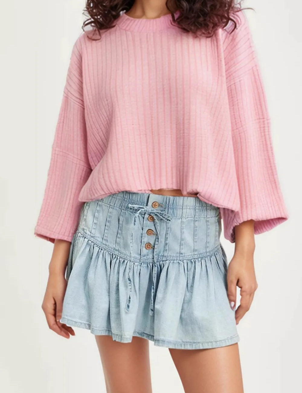 Light Blue Buttoned Ruffled Mini Denim Skirt | Skirts Daverri Fashions