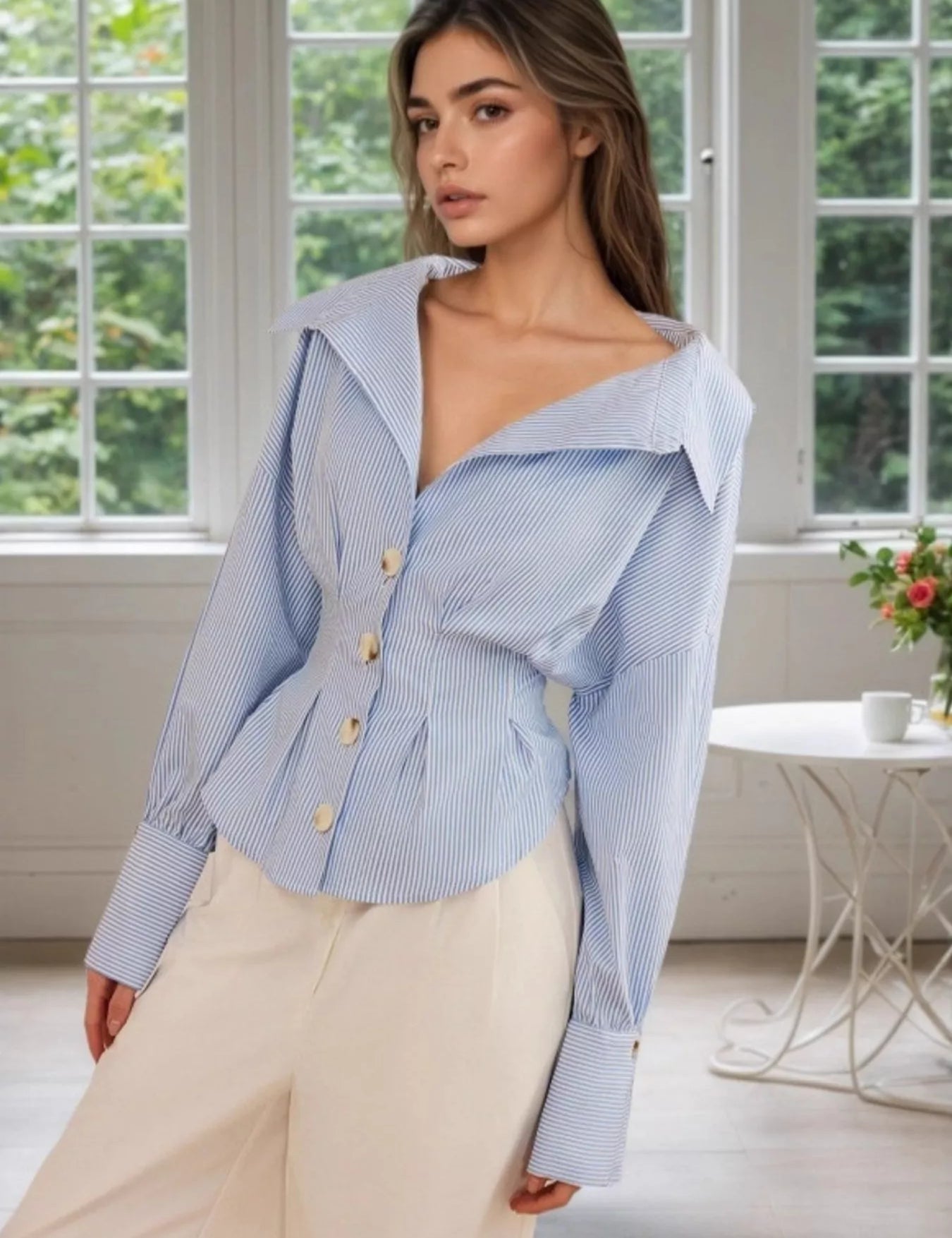 Striped Button-Up Long Sleeve Shirt | Daverri Fashions