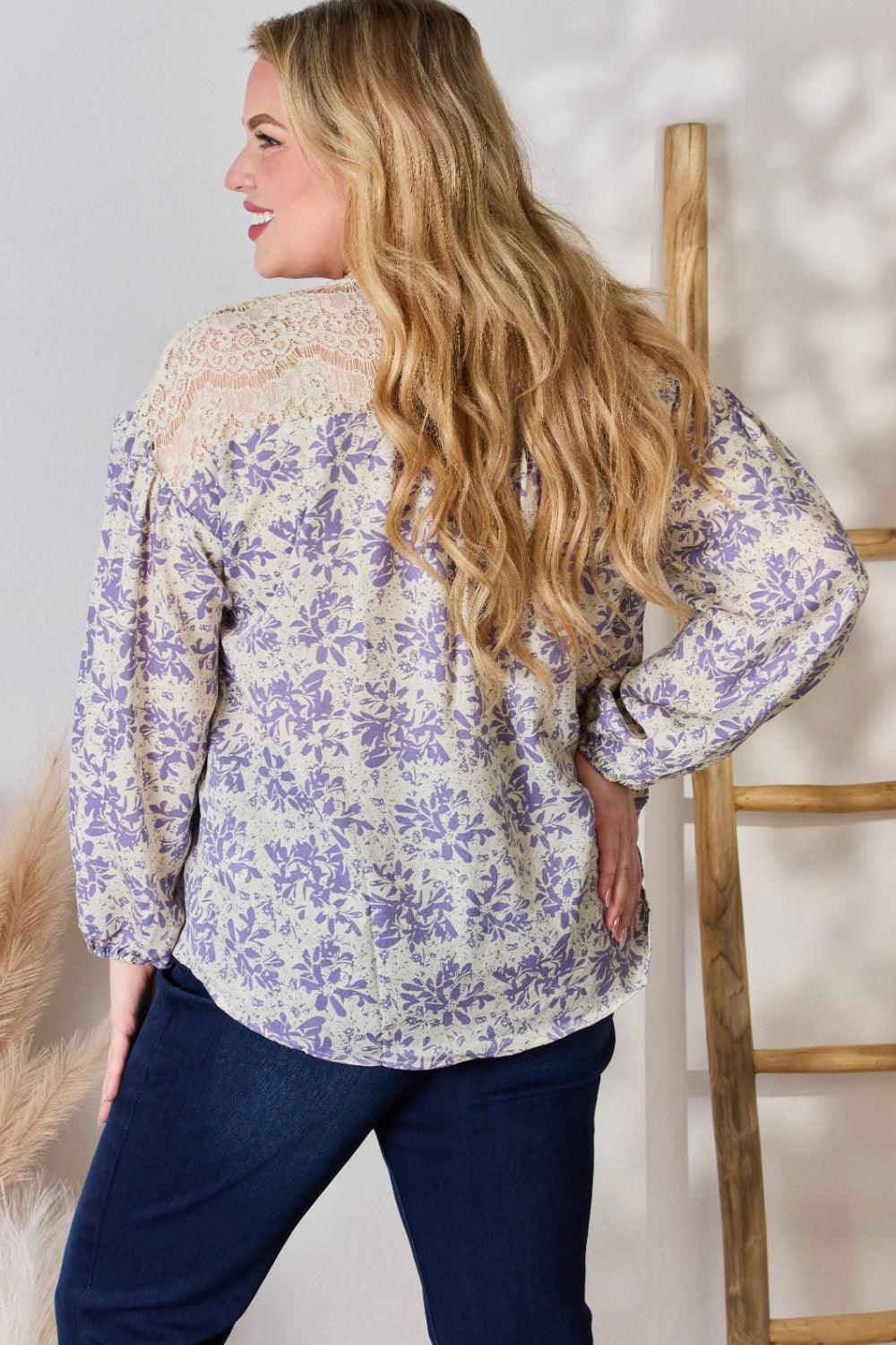Hailey & Co Full Size Lace Detail Printed Blouse | Blouses Daverri Fashions