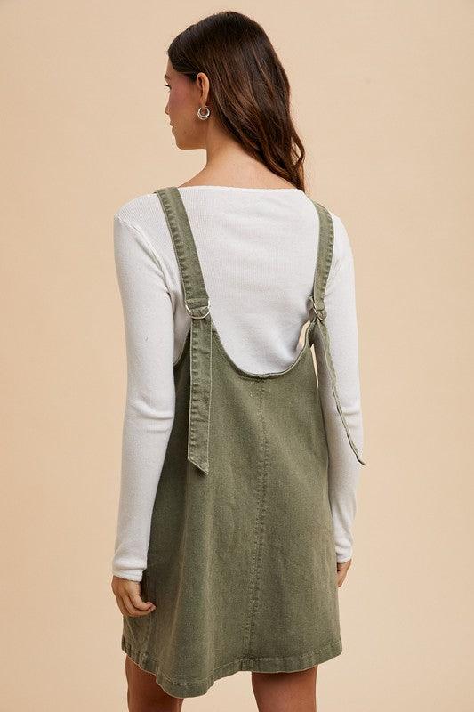 Annie Wear V-Neck Adjustable Strap Denim Overall Dress with Pockets | Daverri Fashions