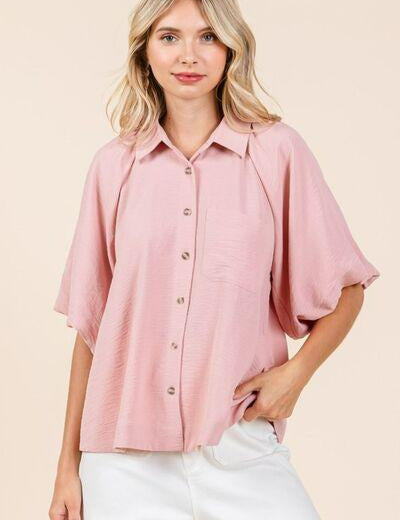 Rose Wood Mittoshop Airflow Short Bubble Sleeve Button Down Shirt | Daverri Fashions