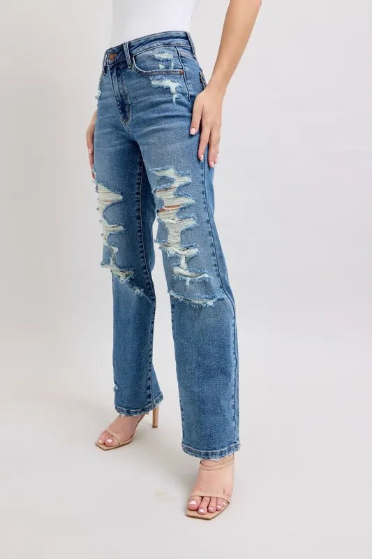 Judy Blue Full Size High Waist Heavy Destroy Straight Jeans Plus Size | Daverri Fashions