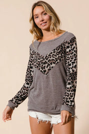BiBi Sweater Knit Top With Leopard V Shape Block | Sweaters Daverri Fashions