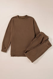 Side Slit Round Neck Long Sleeve Top and Pants Set | Loungewear Sets Daverri Fashions