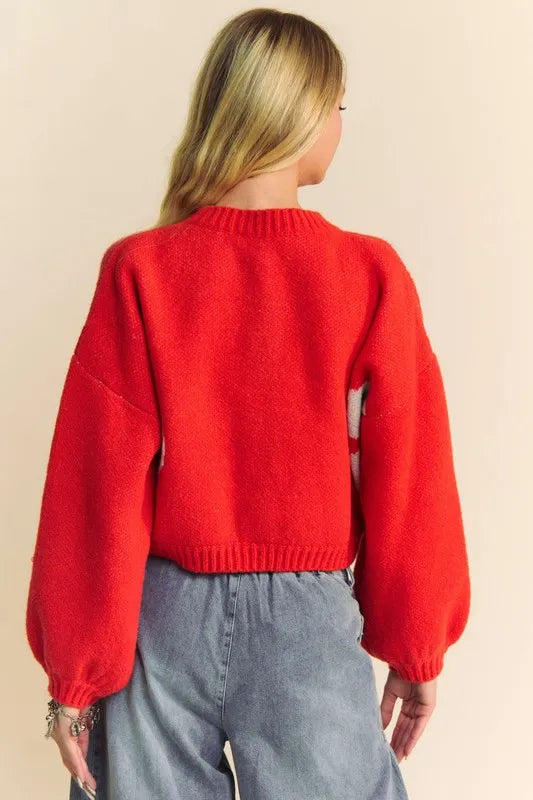 Davi & Dani Flower Contrast Round Neck Long Sleeve Cardigan | Cardigans Daverri Fashions