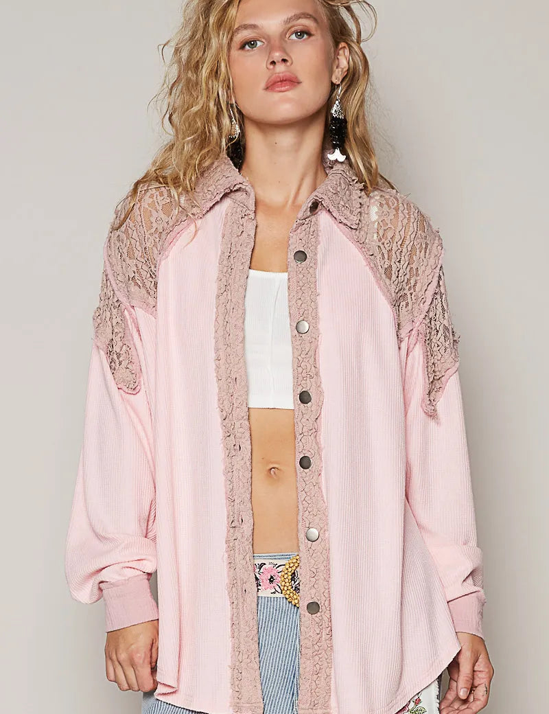 Blush Pink M POL Lace Patchwork Button Up Shacket | Daverri Fashions