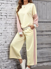 Color Block Round Neck Top and Pants Set | Loungewear Sets Daverri Fashions