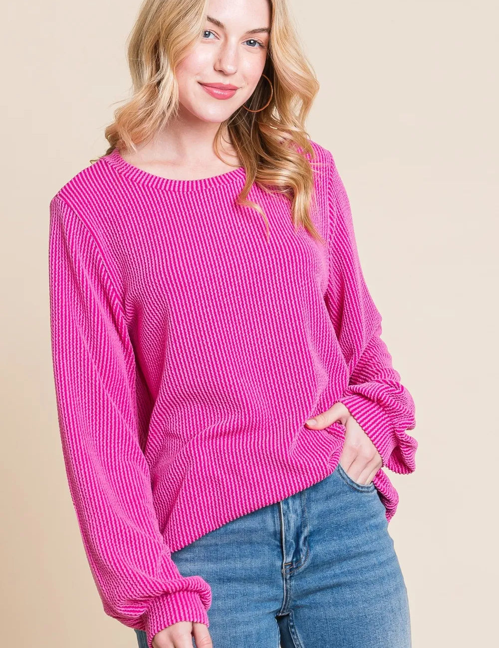 Fuchsia BOMBOM Long Sleeve Curved Hem Ribbed T-Shirt | T-Shirts Daverri Fashions