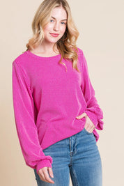 Fuchsia BOMBOM Long Sleeve Curved Hem Ribbed T-Shirt | T-Shirts Daverri Fashions