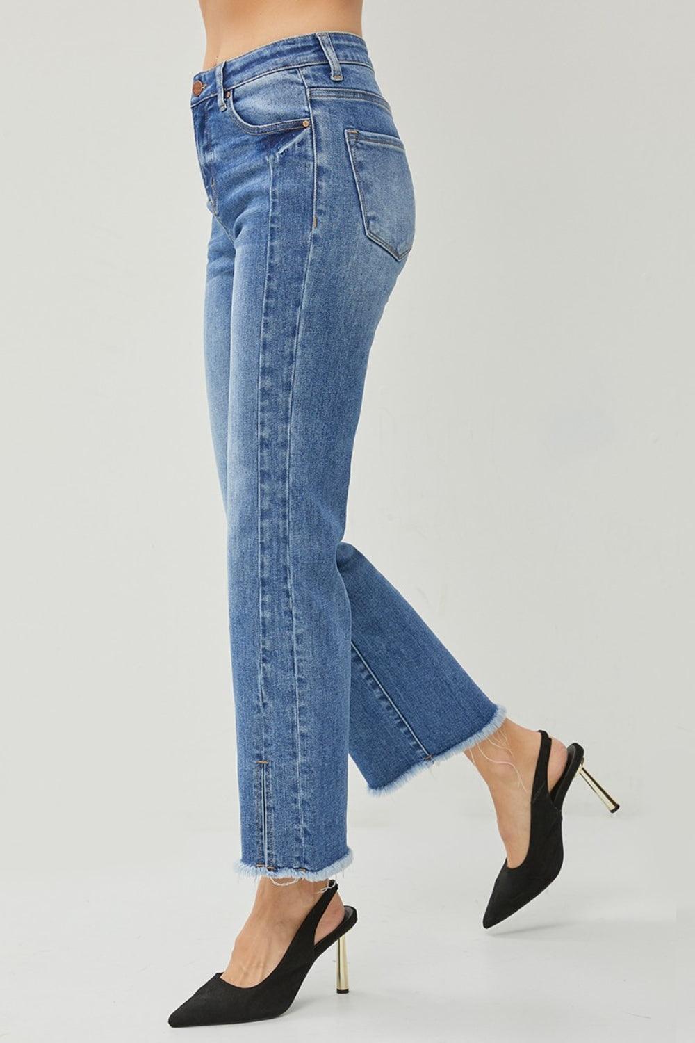 RISEN High Waist Raw Hem Slit Straight Jeans | Daverri Fashions