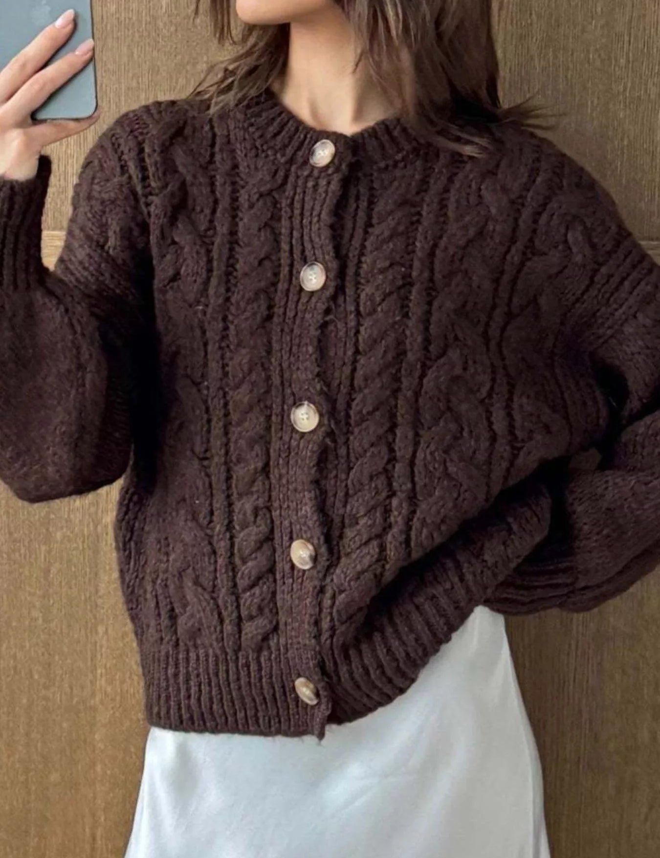 Brown Cable Knit Button-Down Cardigan | Cardigans Daverri Fashions