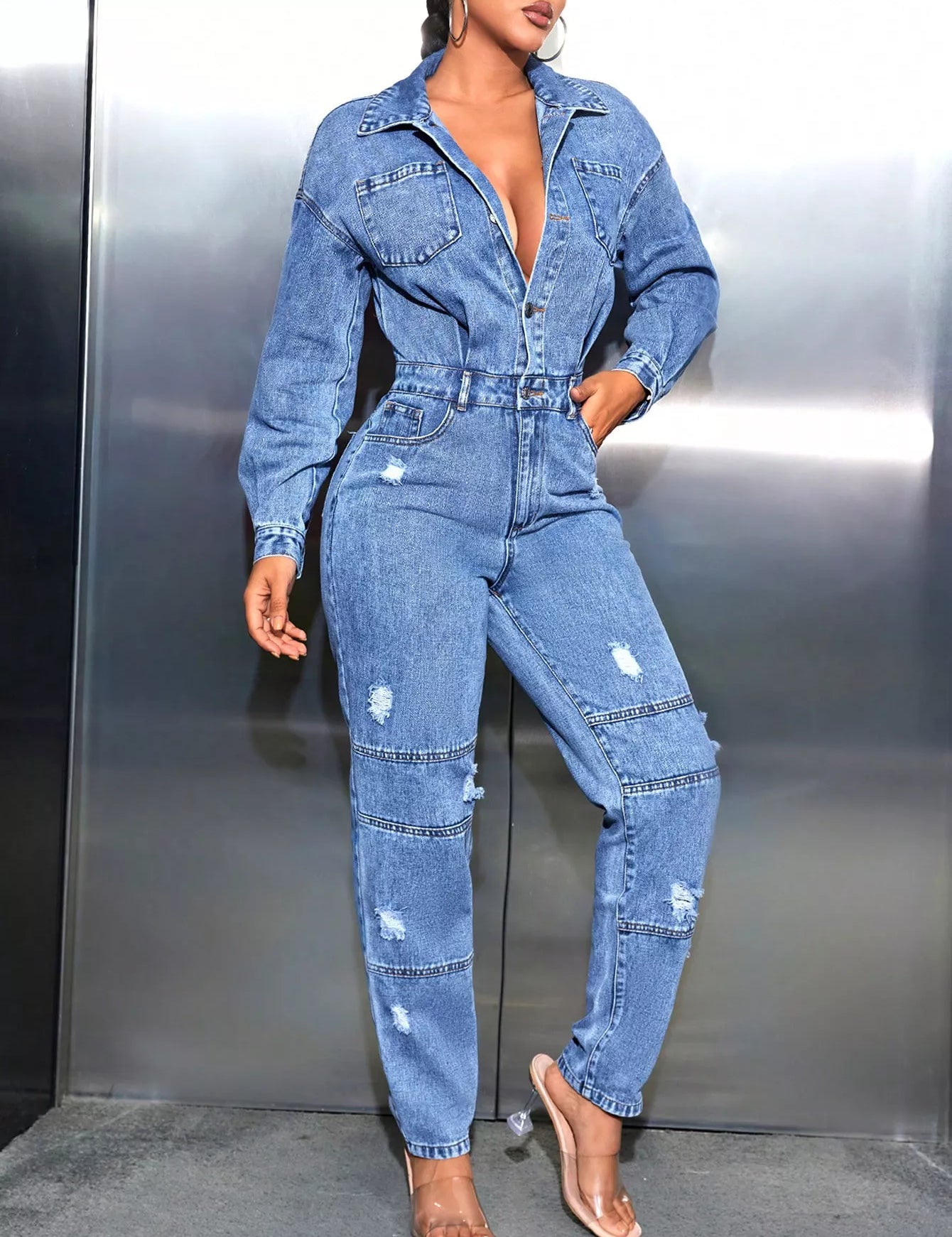 Medium Distressed Long Sleeve Denim Jumpsuit | Jumpsuits Daverri Fashions