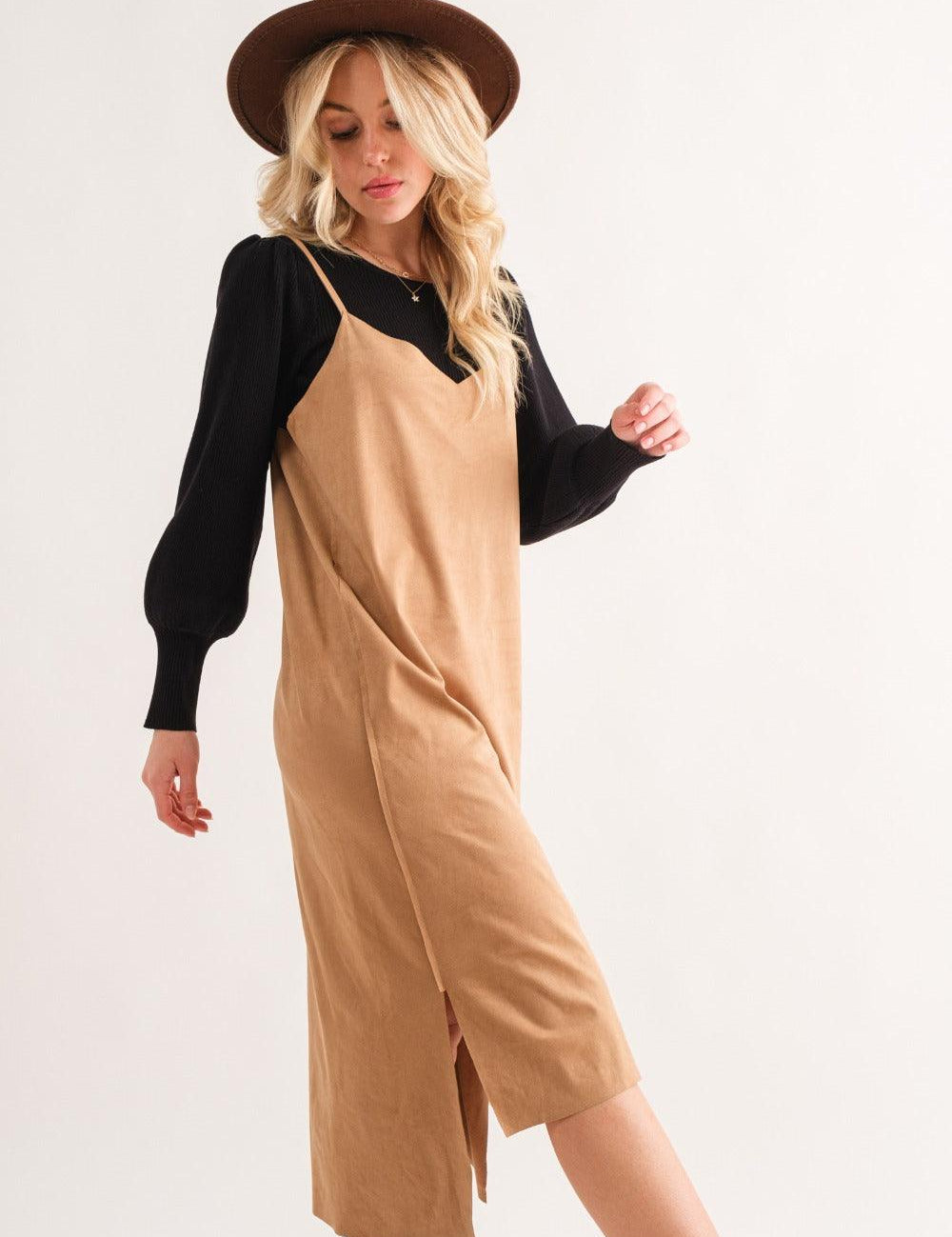 And The Why Faux Suede Cut Edge Slit Cami Midi Dress | Daverri Fashions