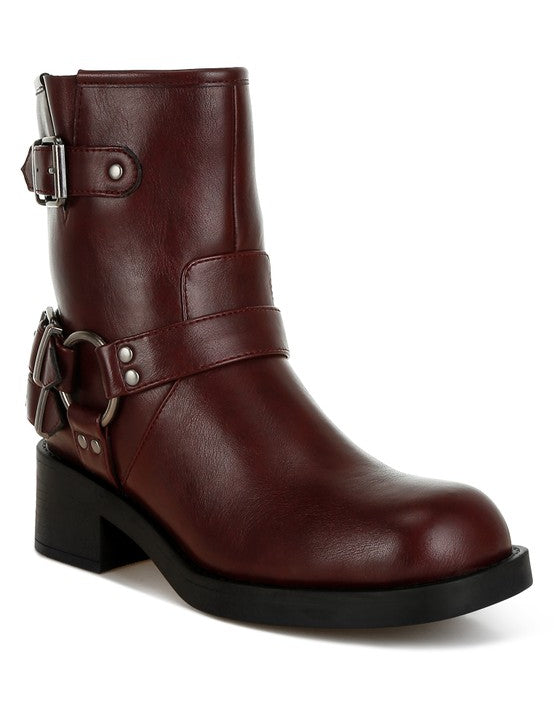 Burgundy Caribou Harness Detail Biker Boots | Boots Daverri Fashions