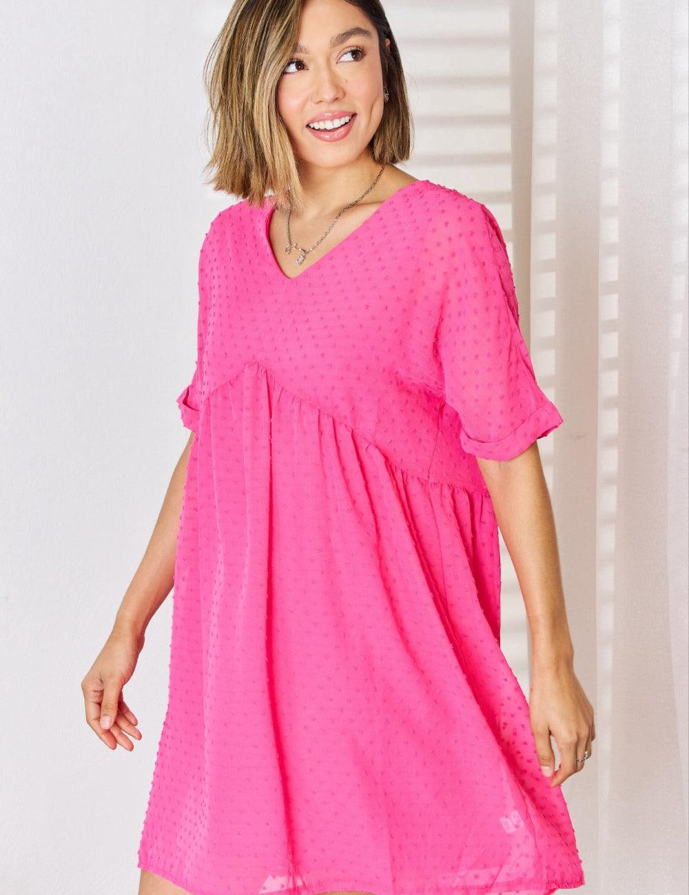 Zenana Swiss Dot Rolled Short Sleeve Babydoll Dress | Babydoll Dresses Daverri Fashions