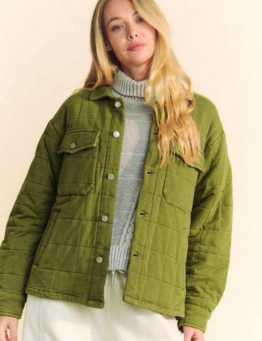 Yellow-Green M Davi & Dani Quilted Button Down Shacket with Chest Pockets | Shackets Daverri Fashions