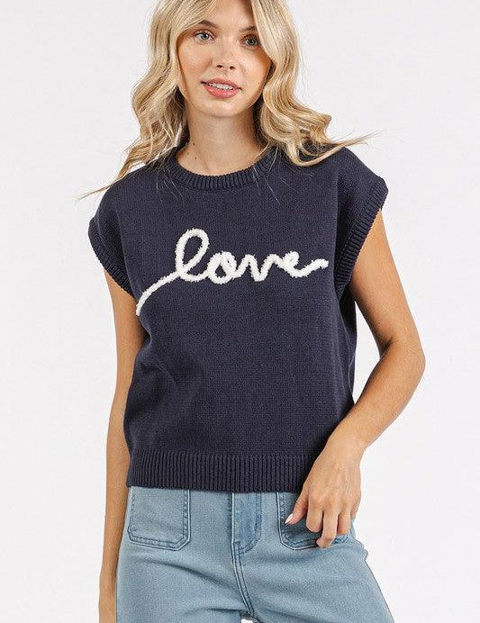 Dark Navy Mittoshop Contrast Letter Round Neck Cap Sleeve Knit Top | Tops Daverri Fashions
