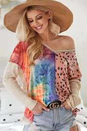 BiBi Print Block V Neck Top with Contrast Stitching | Tops Daverri Fashions