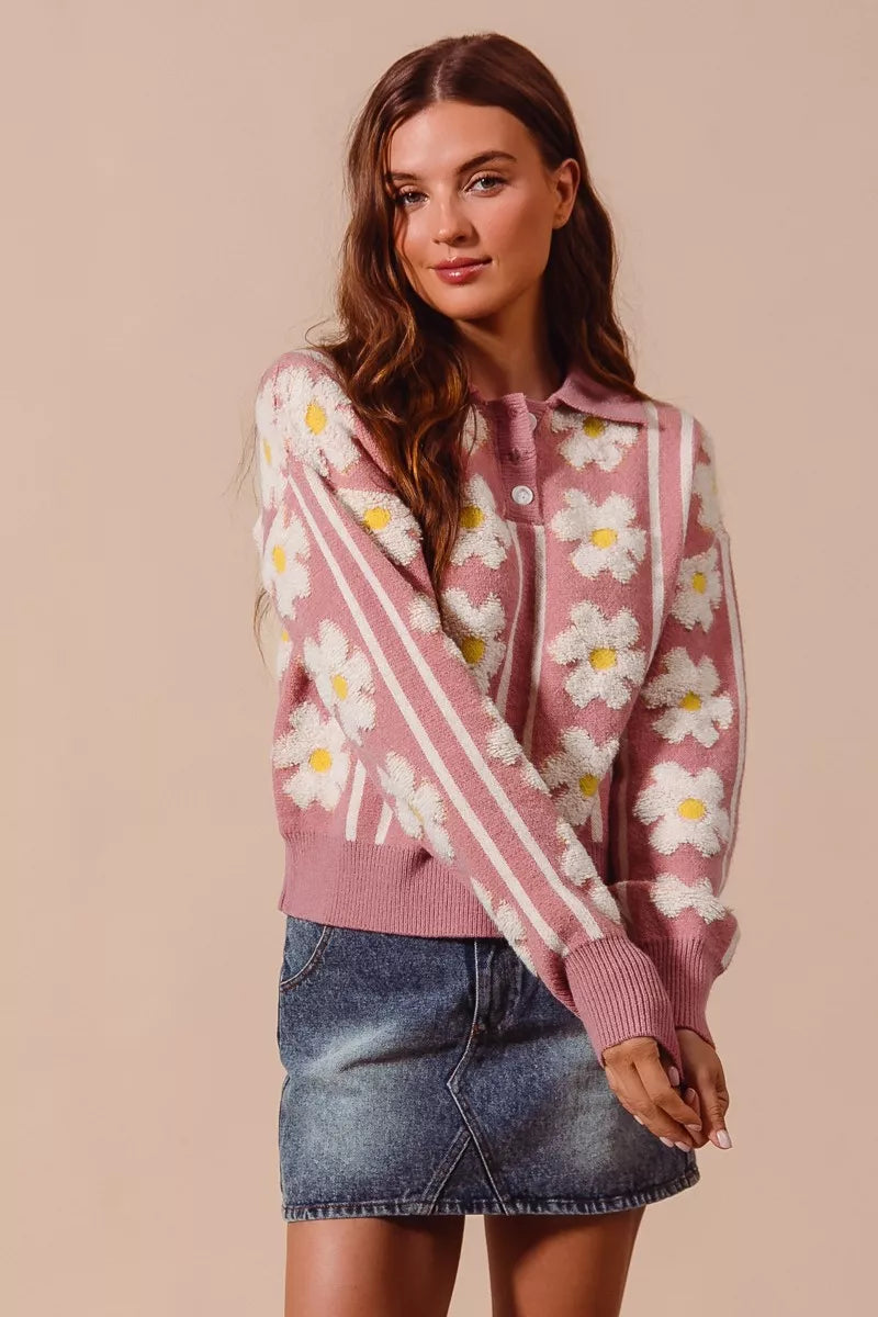 SO ME Floral Stripe Polo Collar Sweater | Sweaters Daverri Fashions