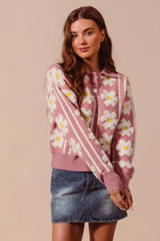 SO ME Floral Stripe Polo Collar Sweater | Sweaters Daverri Fashions