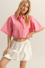 Burnt Coral HYFVE Front Pockets Poplin Collared Neck Crop Shirt | Shirts Daverri Fashions