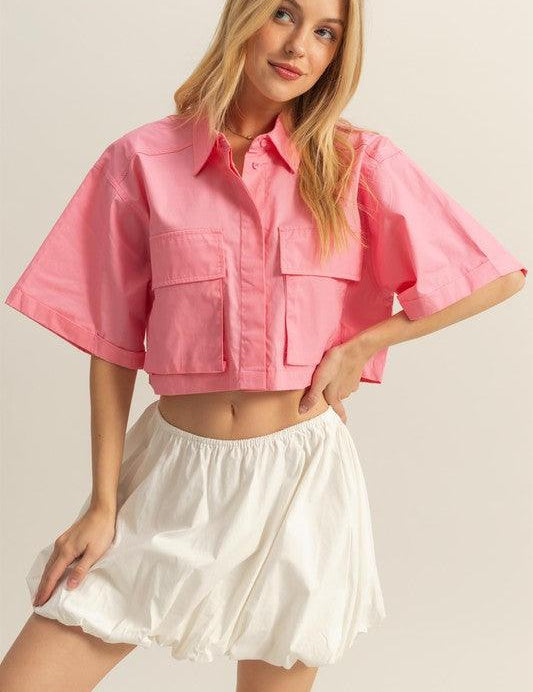 Burnt Coral HYFVE Front Pockets Poplin Collared Neck Crop Shirt | Shirts Daverri Fashions