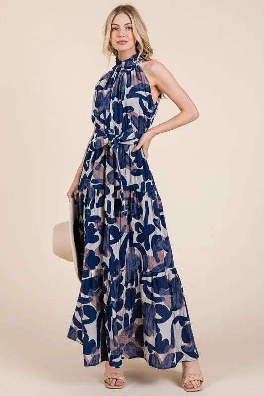 Lime 'N' Chili Abstract Halter Neck Tie-Waist Tiered Maxi Dress | Daverri Fashions