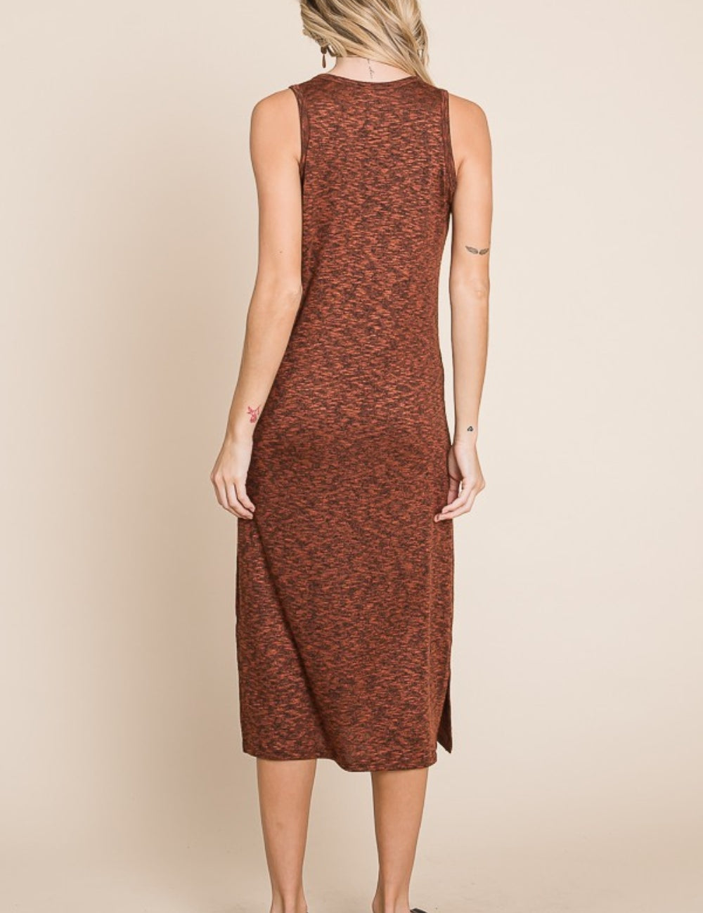 BOMBOM Slit Round Neck Sleeveless Midi Dress | Daverri Fashions